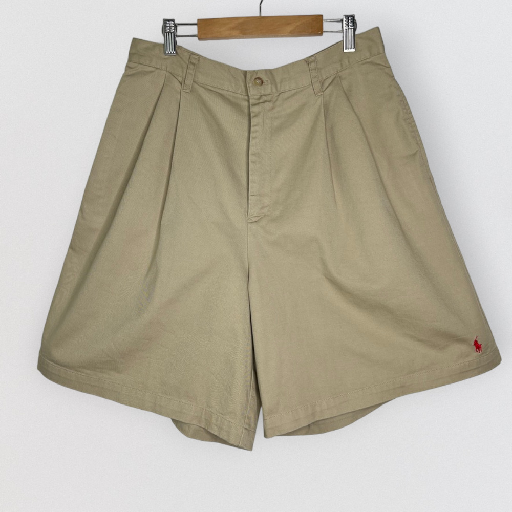 Vintage Ralph Lauren Pleated Bermuda High Waist Shorts Khaki Tan Size Large